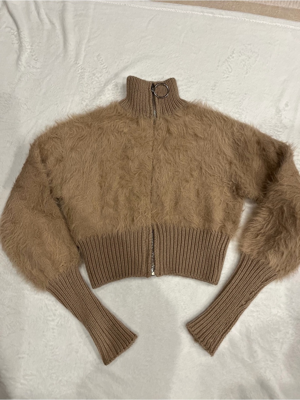 Nasty Gal Fuzzy Zip-Up Crop Cardigan in Camel Brown